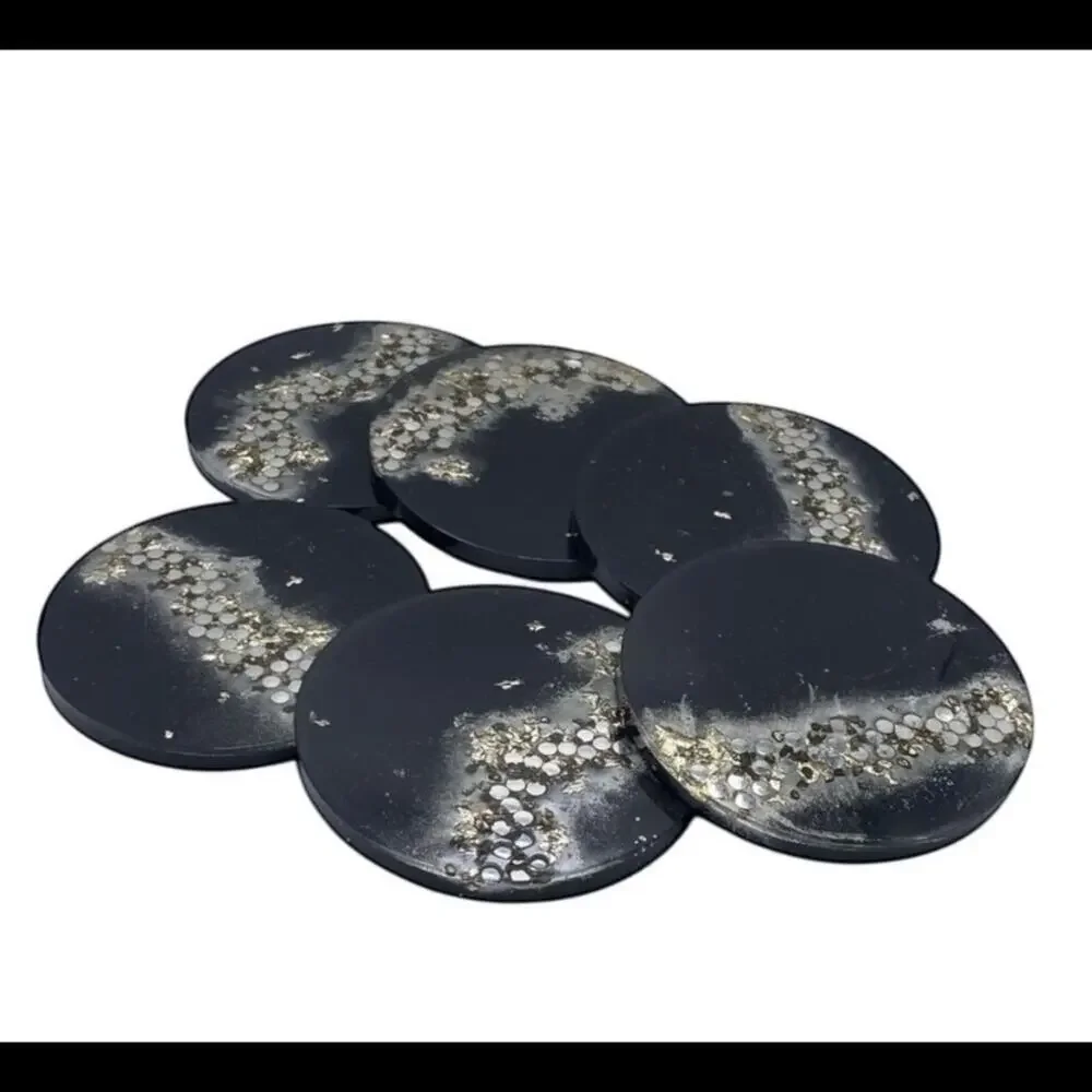 Handmade Black Resin Coasters with Silver Foil & Rhinestones | Set of 6